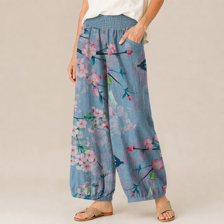 Buddha Stones Pantaloni harem da donna in cotone con motivo a fiori di ciliegio, plissettati e vita elasticizzata, con tasche. - image 11