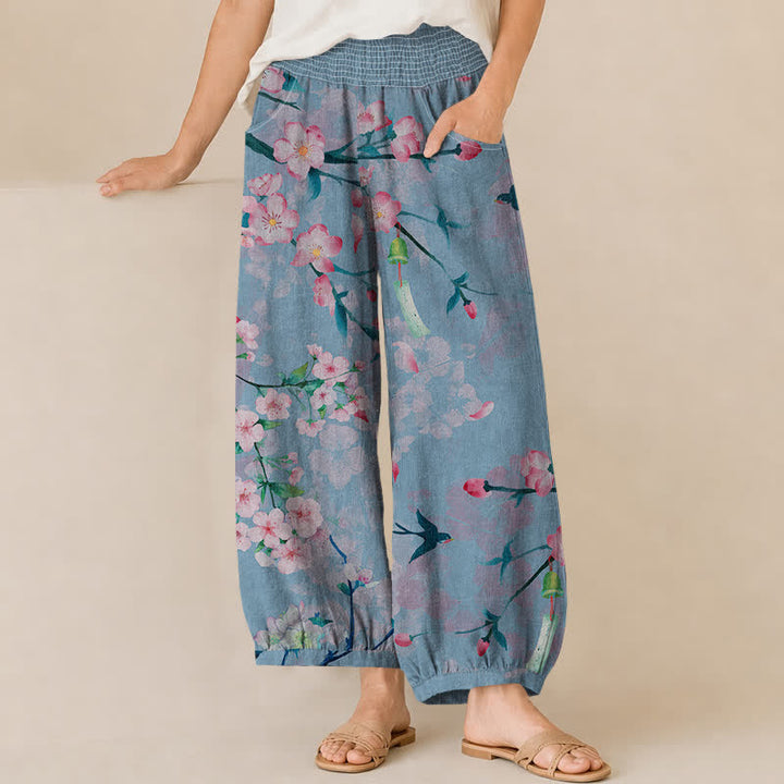 Buddha Stones Pantaloni harem da donna in cotone con motivo a fiori di ciliegio, plissettati e vita elasticizzata, con tasche. - Azzurro chiaro - US16, UK/AU20, EU48 (3XL) - image 10