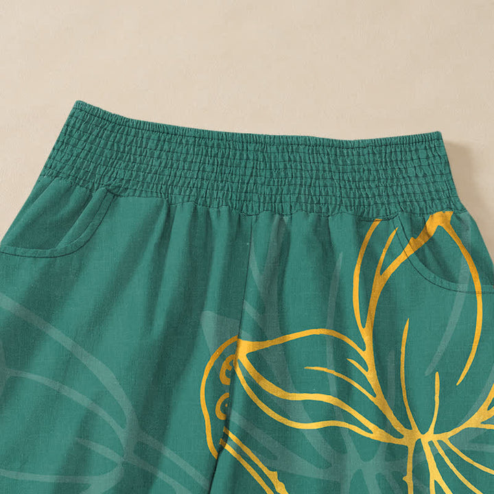 Buddha Stones Pantaloni harem da donna in cotone con stampa di loto dorato e carpe koi, vita elasticizzata e pieghe, con tasche. - image 4