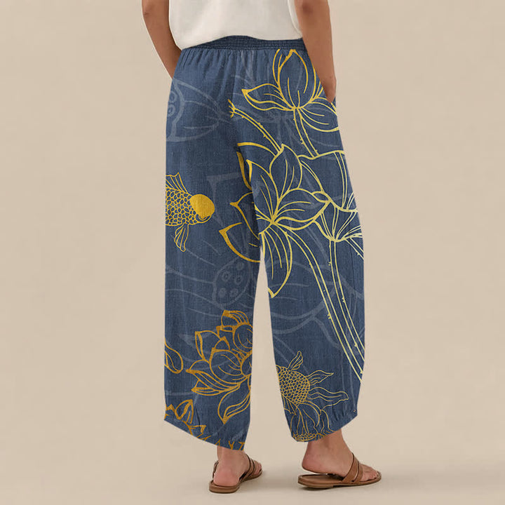 Buddha Stones Pantaloni harem da donna in cotone con stampa di loto dorato e carpe koi, vita elasticizzata e pieghe, con tasche. - image 8