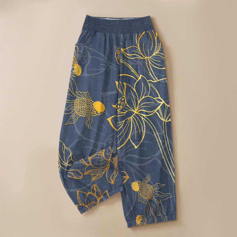 Buddha Stones Pantaloni harem da donna in cotone con stampa di loto dorato e carpe koi, vita elasticizzata e pieghe, con tasche. - image 9