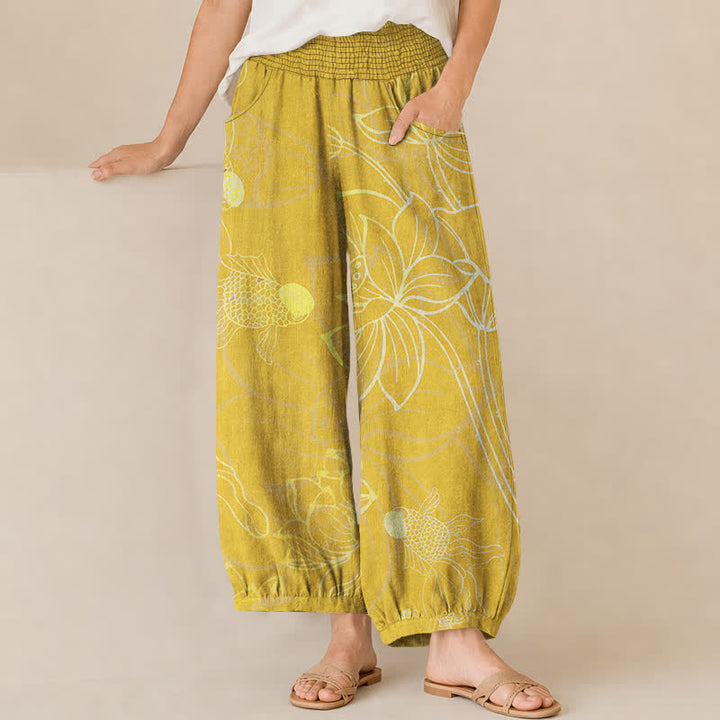 Buddha Stones Pantaloni harem da donna in cotone con stampa di loto dorato e carpe koi, vita elasticizzata e pieghe, con tasche. - Oro - US16, UK/AU20, EU48 (3XL) - image 10