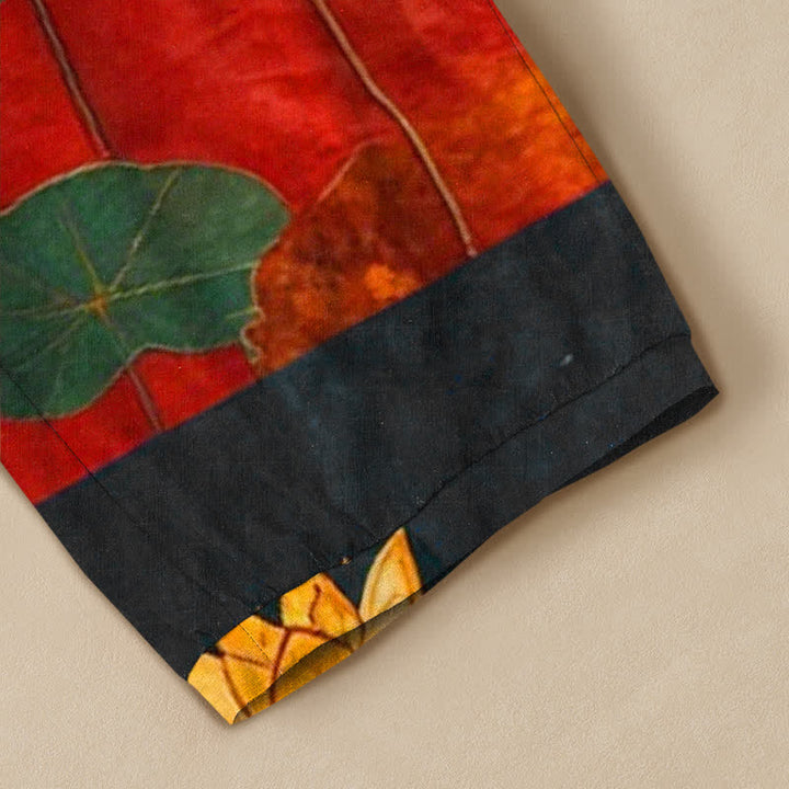 Buddha Stones Pantaloni harem da donna in cotone giallo orientale con motivo calligrafico a loto, pieghe e vita elasticizzata, con tasche. - image 5