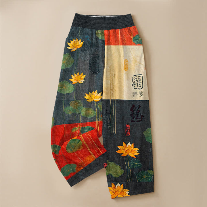 Buddha Stones Pantaloni harem da donna in cotone giallo orientale con motivo calligrafico a loto, pieghe e vita elasticizzata, con tasche. - image 3