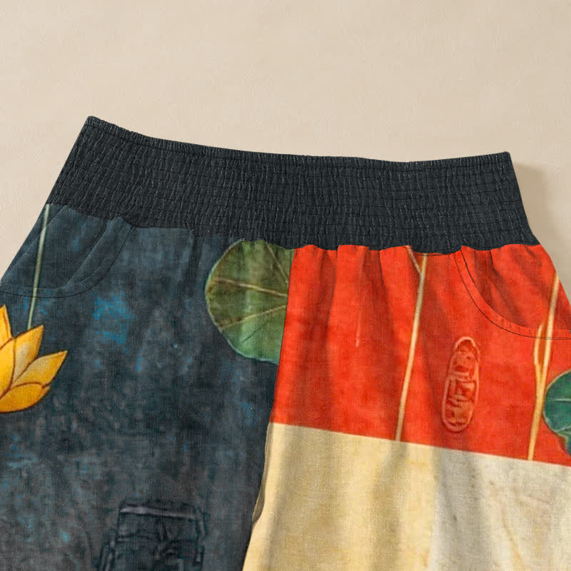 Buddha Stones Pantaloni harem da donna in cotone giallo orientale con motivo calligrafico a loto, pieghe e vita elasticizzata, con tasche. - image 4