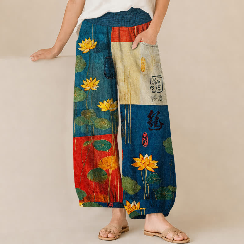 Buddha Stones Pantaloni harem da donna in cotone giallo orientale con motivo calligrafico a loto, pieghe e vita elasticizzata, con tasche. - SteelBlue - US16, UK/AU20, EU48 (3XL) - image 6