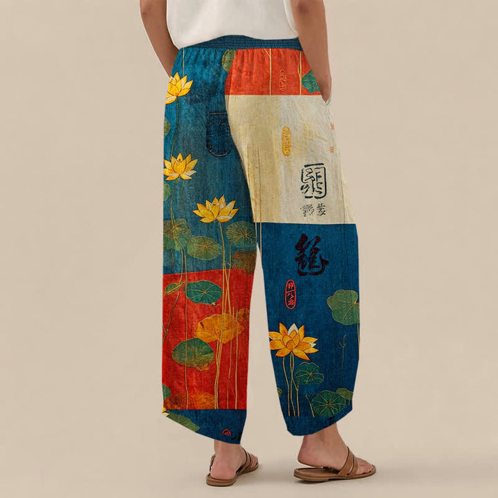 Buddha Stones Pantaloni harem da donna in cotone giallo orientale con motivo calligrafico a loto, pieghe e vita elasticizzata, con tasche. - image 8