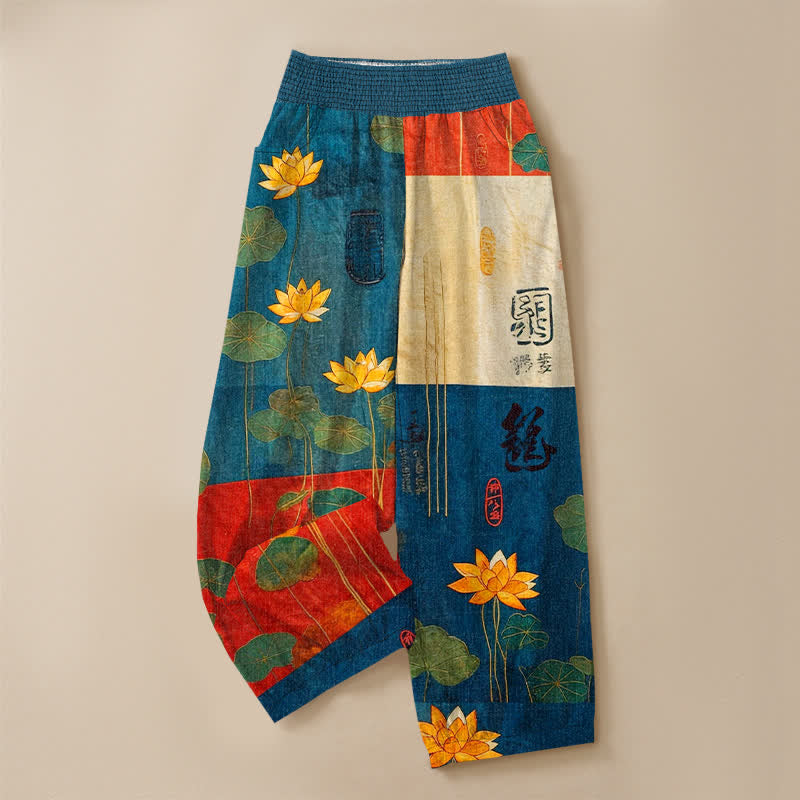 Buddha Stones Pantaloni harem da donna in cotone giallo orientale con motivo calligrafico a loto, pieghe e vita elasticizzata, con tasche. - image 9