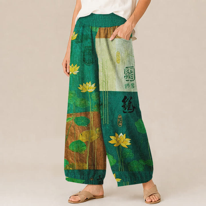 Buddha Stones Pantaloni harem da donna in cotone giallo orientale con motivo calligrafico a loto, pieghe e vita elasticizzata, con tasche. - image 11