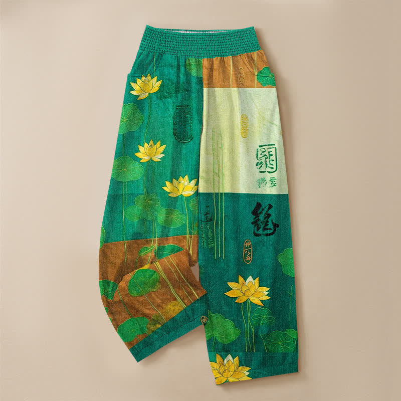 Buddha Stones Pantaloni harem da donna in cotone giallo orientale con motivo calligrafico a loto, pieghe e vita elasticizzata, con tasche. - image 13