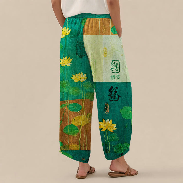 Buddha Stones Pantaloni harem da donna in cotone giallo orientale con motivo calligrafico a loto, pieghe e vita elasticizzata, con tasche. - image 12