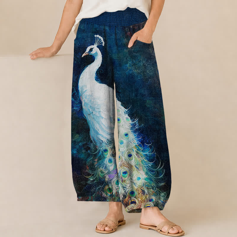 Buddha Stones Pantaloni harem da donna in cotone bianco con motivo a piume di pavone, plissettati e vita elasticizzata, con tasche. - Marina - US16, UK/AU20, EU48 (3XL) - image 0