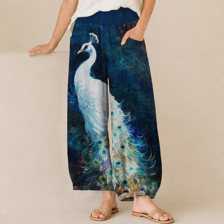 Buddha Stones Pantaloni harem da donna in cotone bianco con motivo a piume di pavone, plissettati e vita elasticizzata, con tasche. - Marina - US16, UK/AU20, EU48 (3XL) - image 0