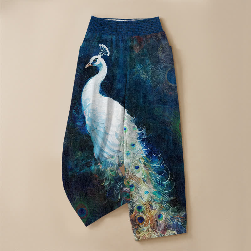 Buddha Stones Pantaloni harem da donna in cotone bianco con motivo a piume di pavone, plissettati e vita elasticizzata, con tasche. - image 3