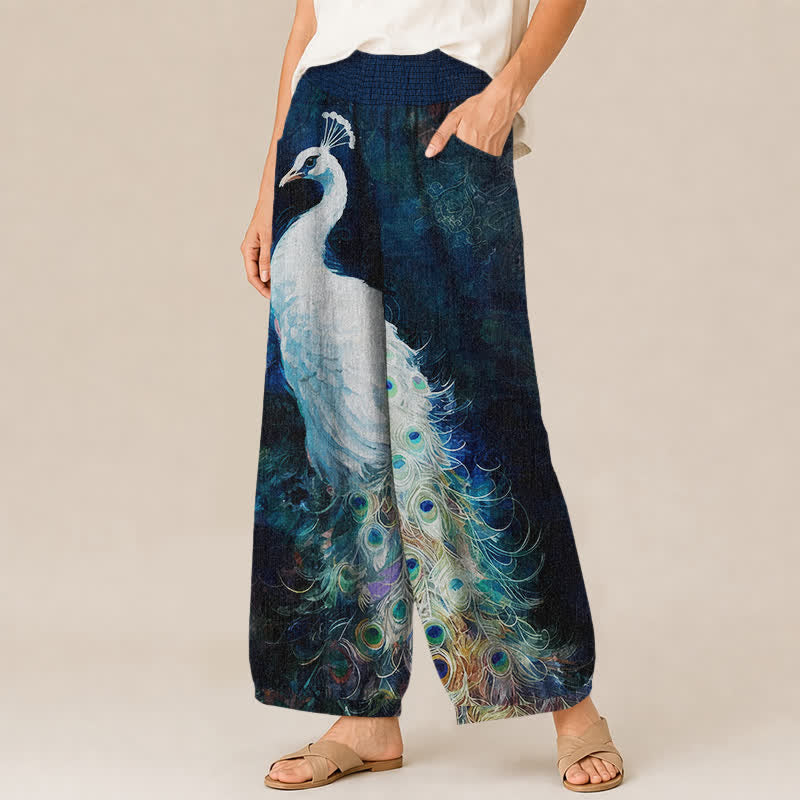 Buddha Stones Pantaloni harem da donna in cotone bianco con motivo a piume di pavone, plissettati e vita elasticizzata, con tasche. - image 1