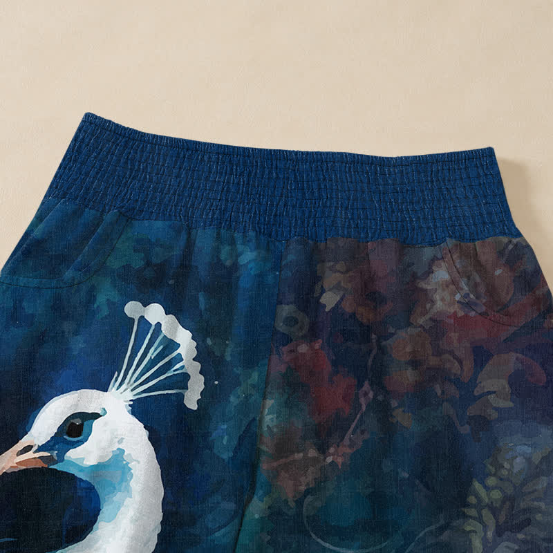 Buddha Stones Pantaloni harem da donna in cotone bianco con motivo a piume di pavone, plissettati e vita elasticizzata, con tasche. - image 4