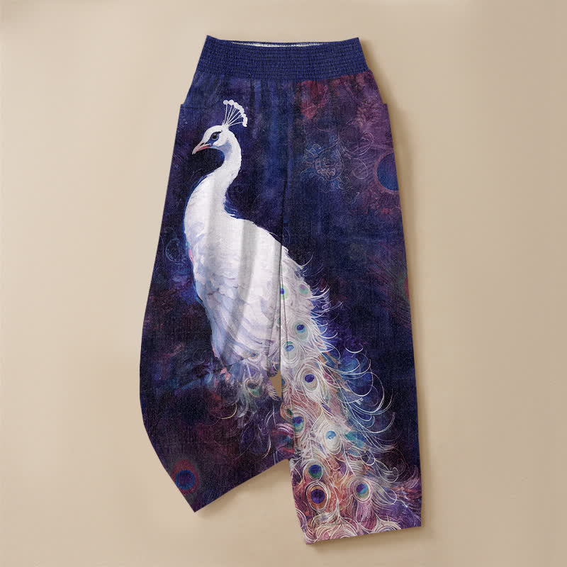 Buddha Stones Pantaloni harem da donna in cotone bianco con motivo a piume di pavone, plissettati e vita elasticizzata, con tasche. - image 9