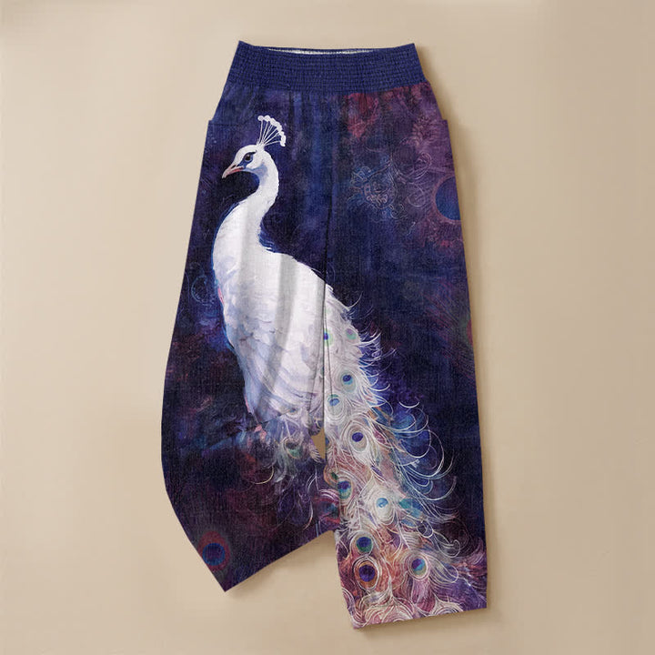 Buddha Stones Pantaloni harem da donna in cotone bianco con motivo a piume di pavone, plissettati e vita elasticizzata, con tasche. - image 9