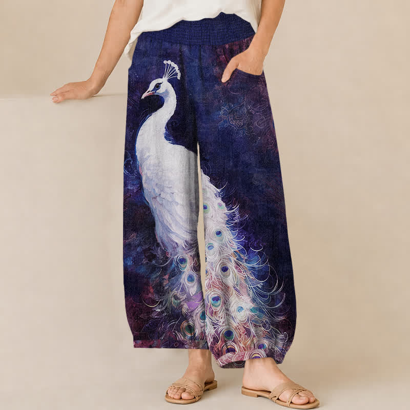 Buddha Stones Pantaloni harem da donna in cotone bianco con motivo a piume di pavone, plissettati e vita elasticizzata, con tasche. - Indaco - US16, UK/AU20, EU48 (3XL) - image 6