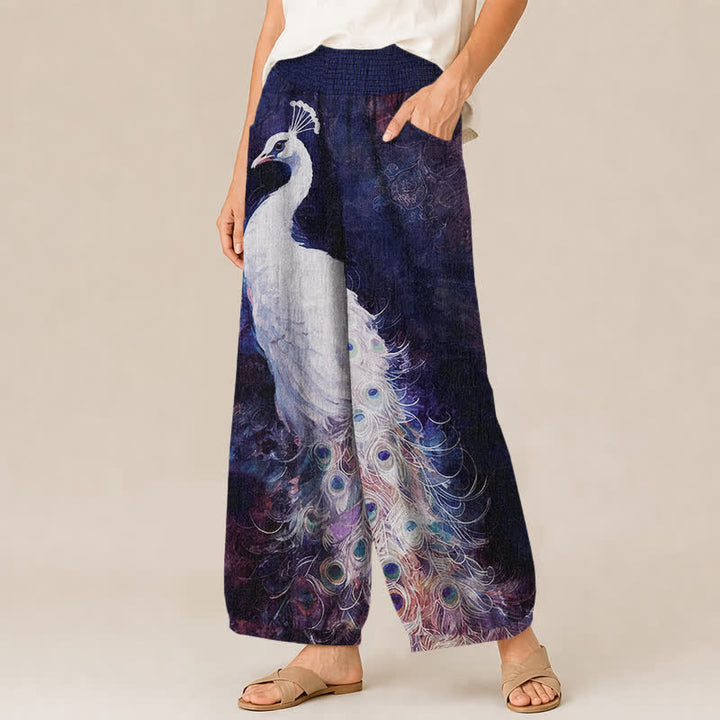 Buddha Stones Pantaloni harem da donna in cotone bianco con motivo a piume di pavone, plissettati e vita elasticizzata, con tasche. - image 7