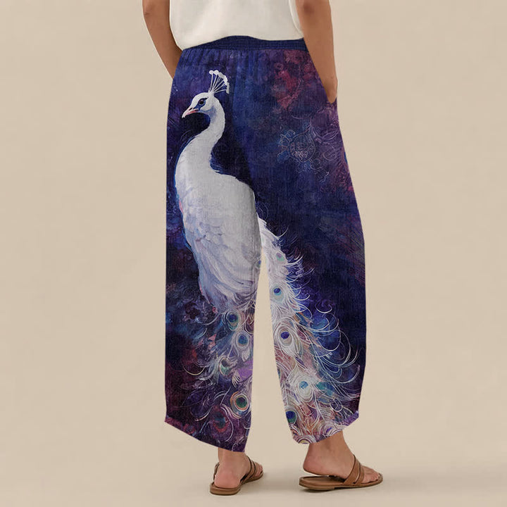 Buddha Stones Pantaloni harem da donna in cotone bianco con motivo a piume di pavone, plissettati e vita elasticizzata, con tasche. - image 8
