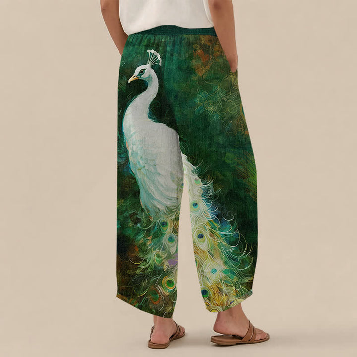 Buddha Stones Pantaloni harem da donna in cotone bianco con motivo a piume di pavone, plissettati e vita elasticizzata, con tasche. - image 12