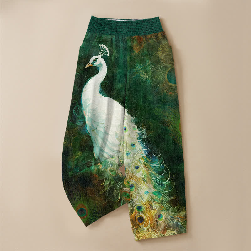 Buddha Stones Pantaloni harem da donna in cotone bianco con motivo a piume di pavone, plissettati e vita elasticizzata, con tasche. - image 13