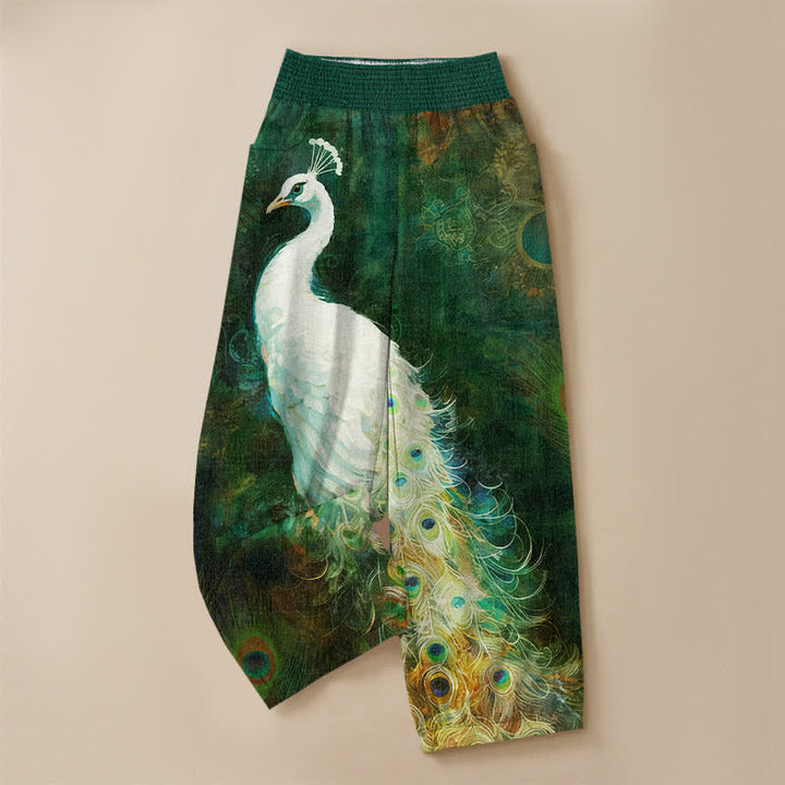 Buddha Stones Pantaloni harem da donna in cotone bianco con motivo a piume di pavone, plissettati e vita elasticizzata, con tasche. - image 13