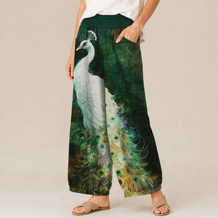 Buddha Stones Pantaloni harem da donna in cotone bianco con motivo a piume di pavone, plissettati e vita elasticizzata, con tasche. - image 11