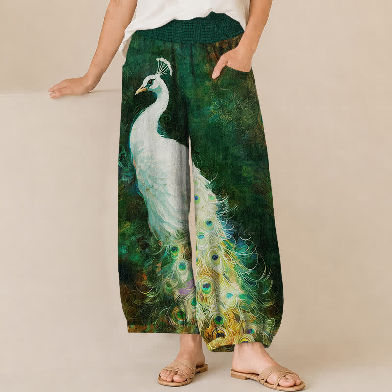Buddha Stones Pantaloni harem da donna in cotone bianco con motivo a piume di pavone, plissettati e vita elasticizzata, con tasche. - Verde scuro - US16, UK/AU20, EU48 (3XL) - image 10