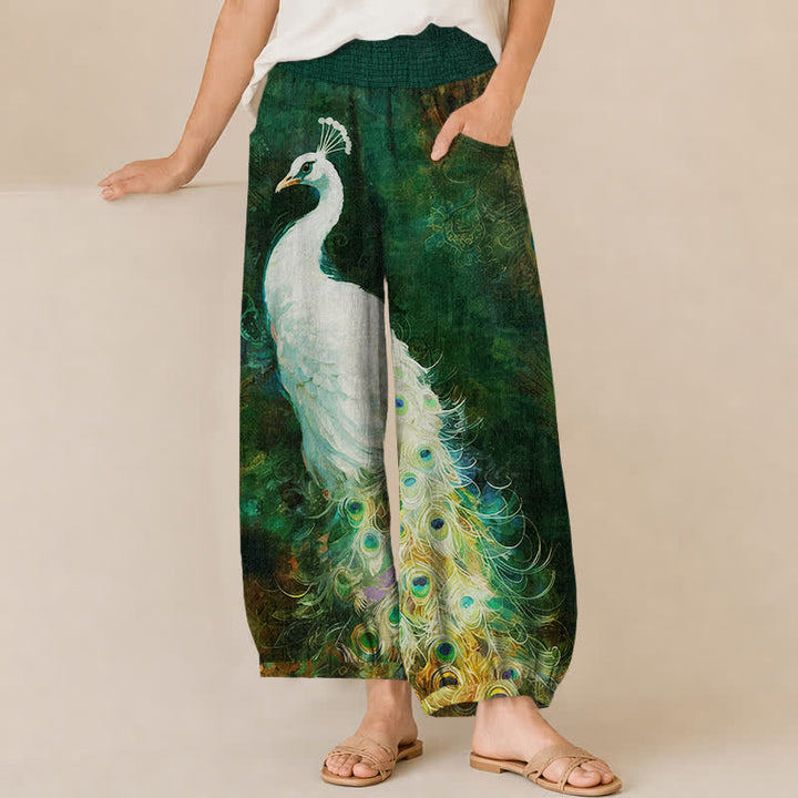 Buddha Stones Pantaloni harem da donna in cotone bianco con motivo a piume di pavone, plissettati e vita elasticizzata, con tasche. - Verde scuro - US16, UK/AU20, EU48 (3XL) - image 10