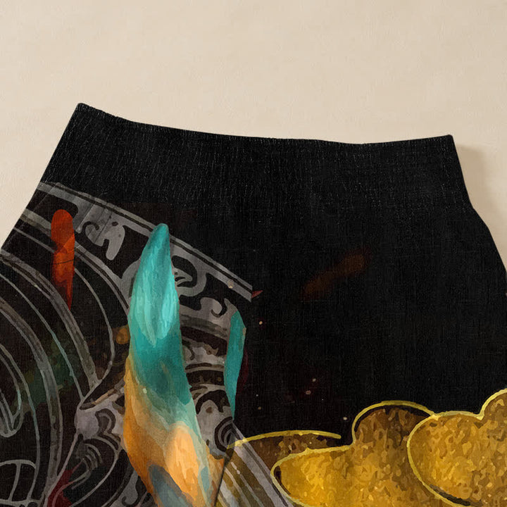 Buddha Stones Pantaloni harem da donna in cotone con motivo a piume di fenice orientale, plissettati e vita elasticizzata, con tasche. - image 4