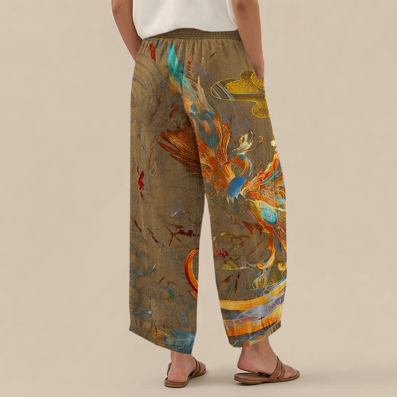 Buddha Stones Pantaloni harem da donna in cotone con motivo a piume di fenice orientale, plissettati e vita elasticizzata, con tasche. - image 8