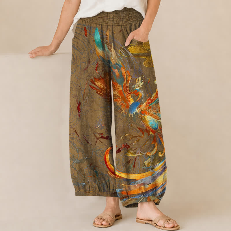 Buddha Stones Pantaloni harem da donna in cotone con motivo a piume di fenice orientale, plissettati e vita elasticizzata, con tasche. - Perù - US16, UK/AU20, EU48 (3XL) - image 6