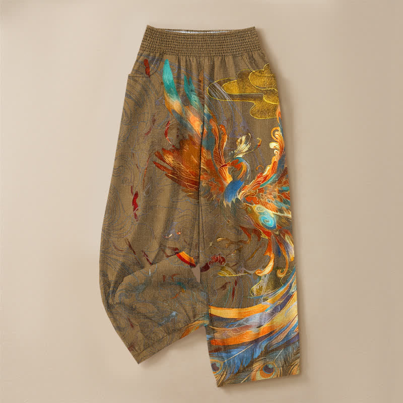 Buddha Stones Pantaloni harem da donna in cotone con motivo a piume di fenice orientale, plissettati e vita elasticizzata, con tasche. - image 9