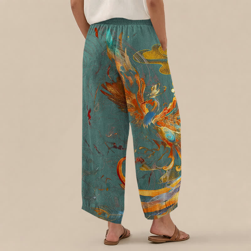 Buddha Stones Pantaloni harem da donna in cotone con motivo a piume di fenice orientale, plissettati e vita elasticizzata, con tasche. - image 12