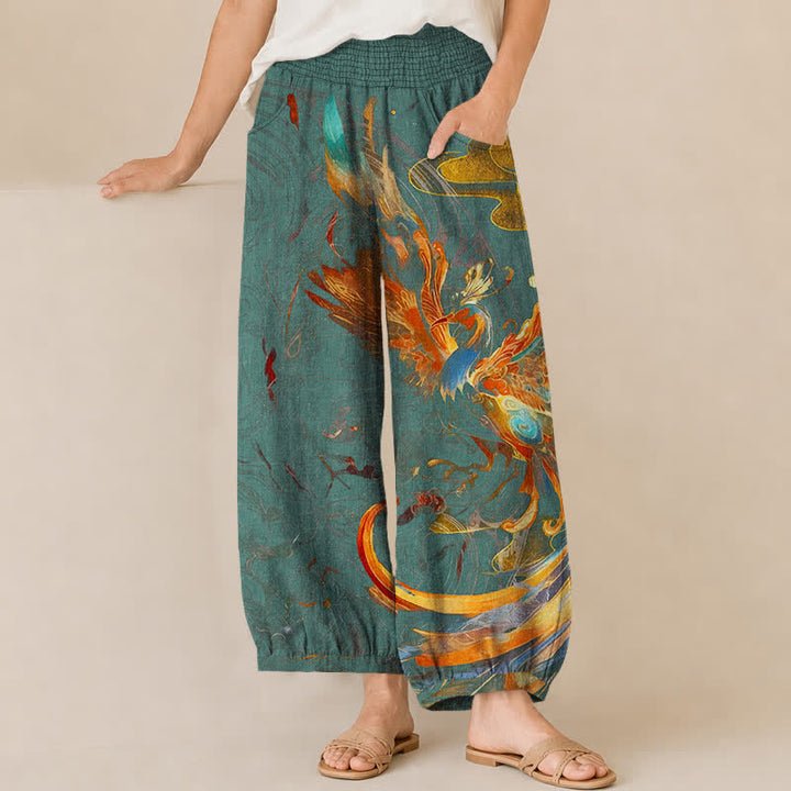 Buddha Stones Pantaloni harem da donna in cotone con motivo a piume di fenice orientale, plissettati e vita elasticizzata, con tasche. - Verde acqua - US16, UK/AU20, EU48 (3XL) - image 10