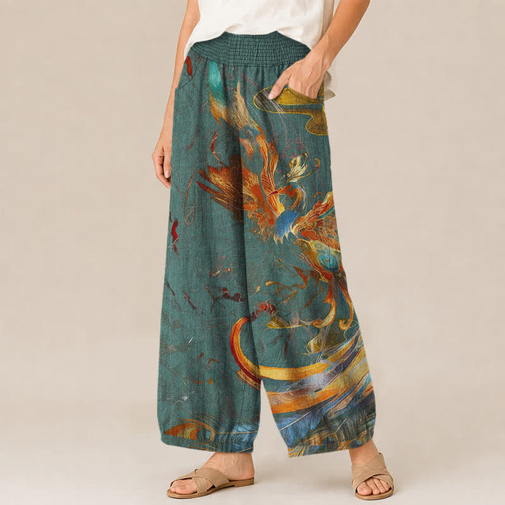 Buddha Stones Pantaloni harem da donna in cotone con motivo a piume di fenice orientale, plissettati e vita elasticizzata, con tasche. - image 11