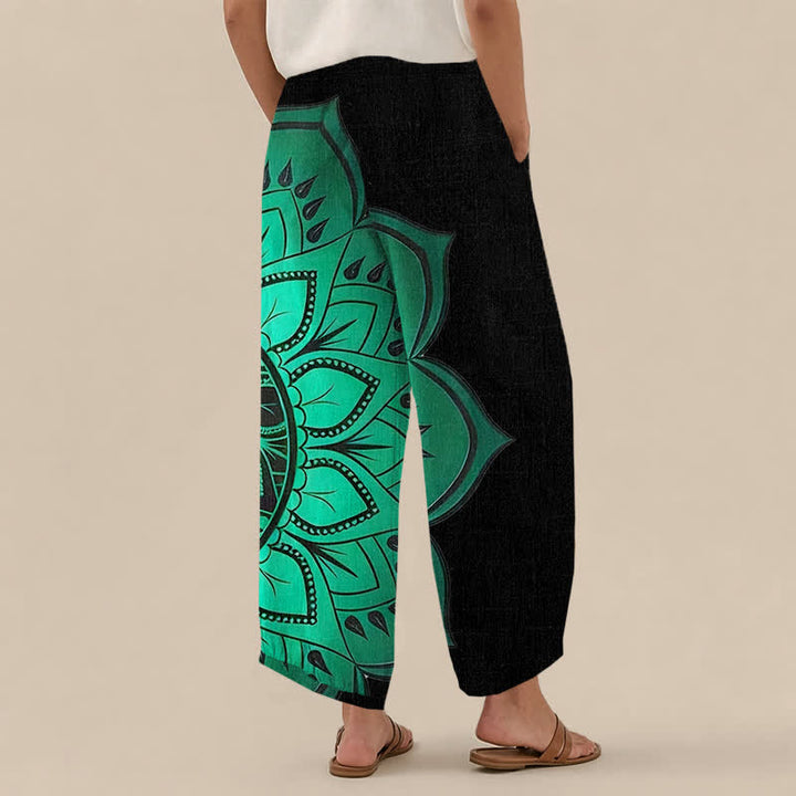Buddha Stones Pantaloni harem da donna in cotone stile bohémien con motivo floreale mandala, pieghe e vita elasticizzata, con tasche. - image 2