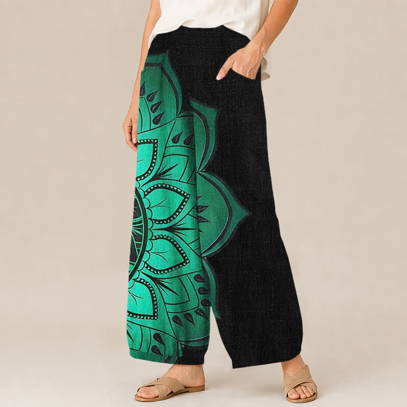 Buddha Stones Pantaloni harem da donna in cotone stile bohémien con motivo floreale mandala, pieghe e vita elasticizzata, con tasche. - image 1