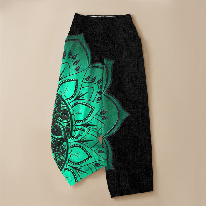 Buddha Stones Pantaloni harem da donna in cotone stile bohémien con motivo floreale mandala, pieghe e vita elasticizzata, con tasche. - image 3