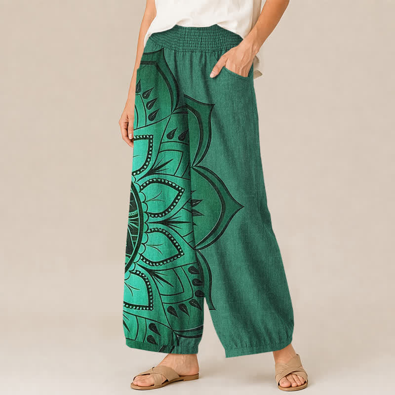 Buddha Stones Pantaloni harem da donna in cotone stile bohémien con motivo floreale mandala, pieghe e vita elasticizzata, con tasche. - image 7
