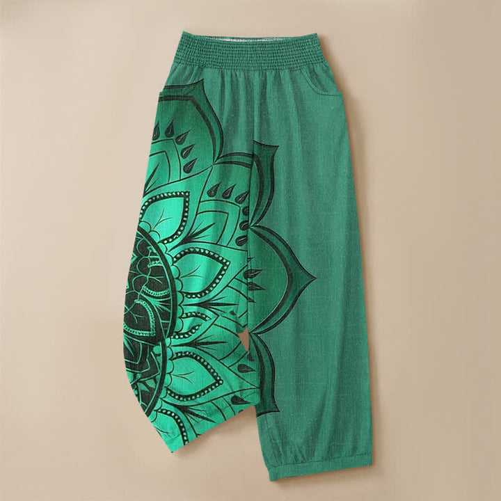 Buddha Stones Pantaloni harem da donna in cotone stile bohémien con motivo floreale mandala, pieghe e vita elasticizzata, con tasche. - image 9