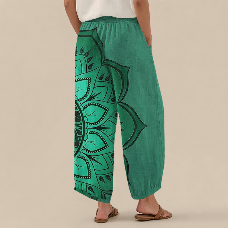 Buddha Stones Pantaloni harem da donna in cotone stile bohémien con motivo floreale mandala, pieghe e vita elasticizzata, con tasche. - image 8