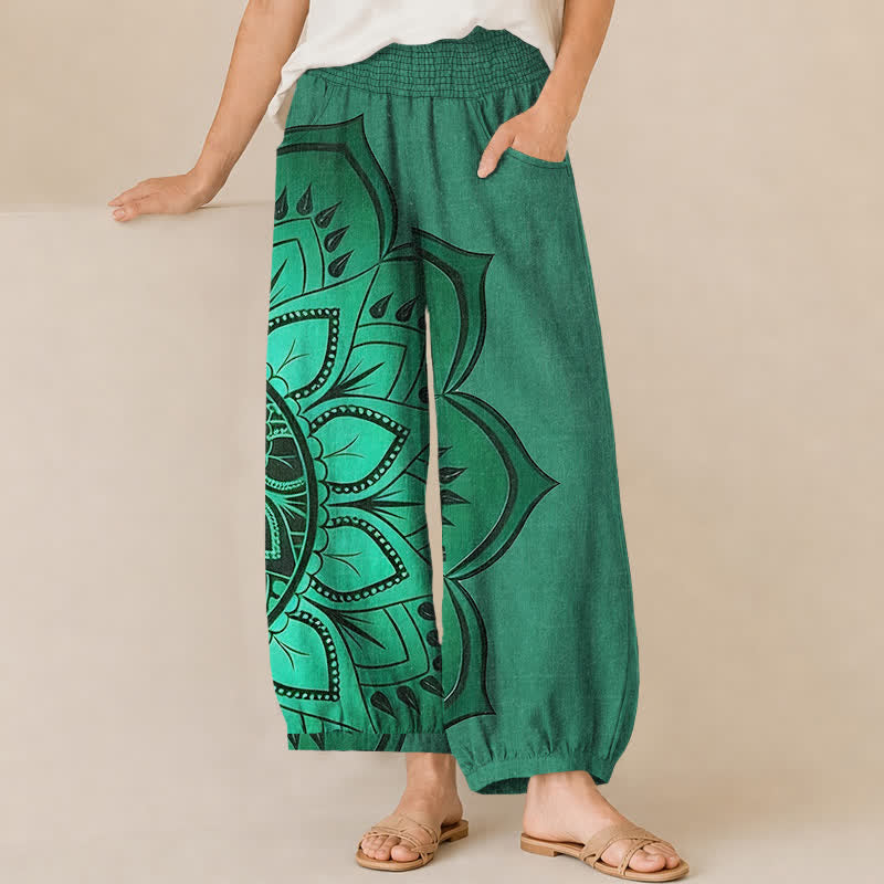 Buddha Stones Pantaloni harem da donna in cotone stile bohémien con motivo floreale mandala, pieghe e vita elasticizzata, con tasche. - Verde Mare Medio - US16, UK/AU20, EU48 (3XL) - image 6