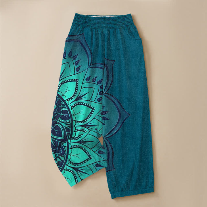 Buddha Stones Pantaloni harem da donna in cotone stile bohémien con motivo floreale mandala, pieghe e vita elasticizzata, con tasche. - image 13