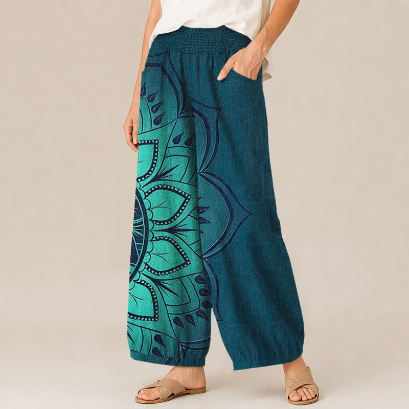 Buddha Stones Pantaloni harem da donna in cotone stile bohémien con motivo floreale mandala, pieghe e vita elasticizzata, con tasche. - image 11