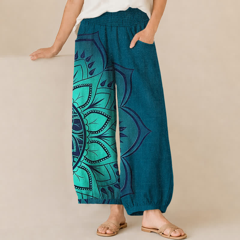 Buddha Stones Pantaloni harem da donna in cotone stile bohémien con motivo floreale mandala, pieghe e vita elasticizzata, con tasche. - Verde acqua - US16, UK/AU20, EU48 (3XL) - image 10