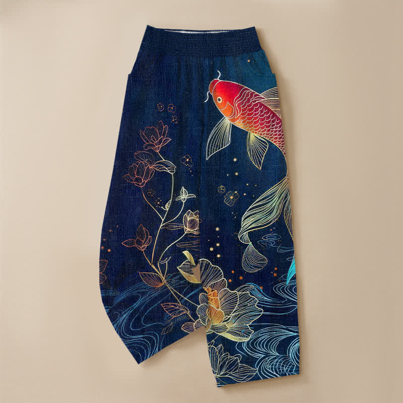 Buddha Stones Pantaloni harem da donna in cotone rosso con motivo a onde di pesci koi e loto, plissettati e vita elasticizzata, con tasche. - image 3