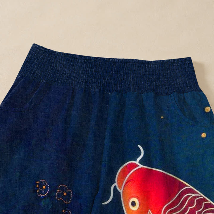 Buddha Stones Pantaloni harem da donna in cotone rosso con motivo a onde di pesci koi e loto, plissettati e vita elasticizzata, con tasche. - image 4